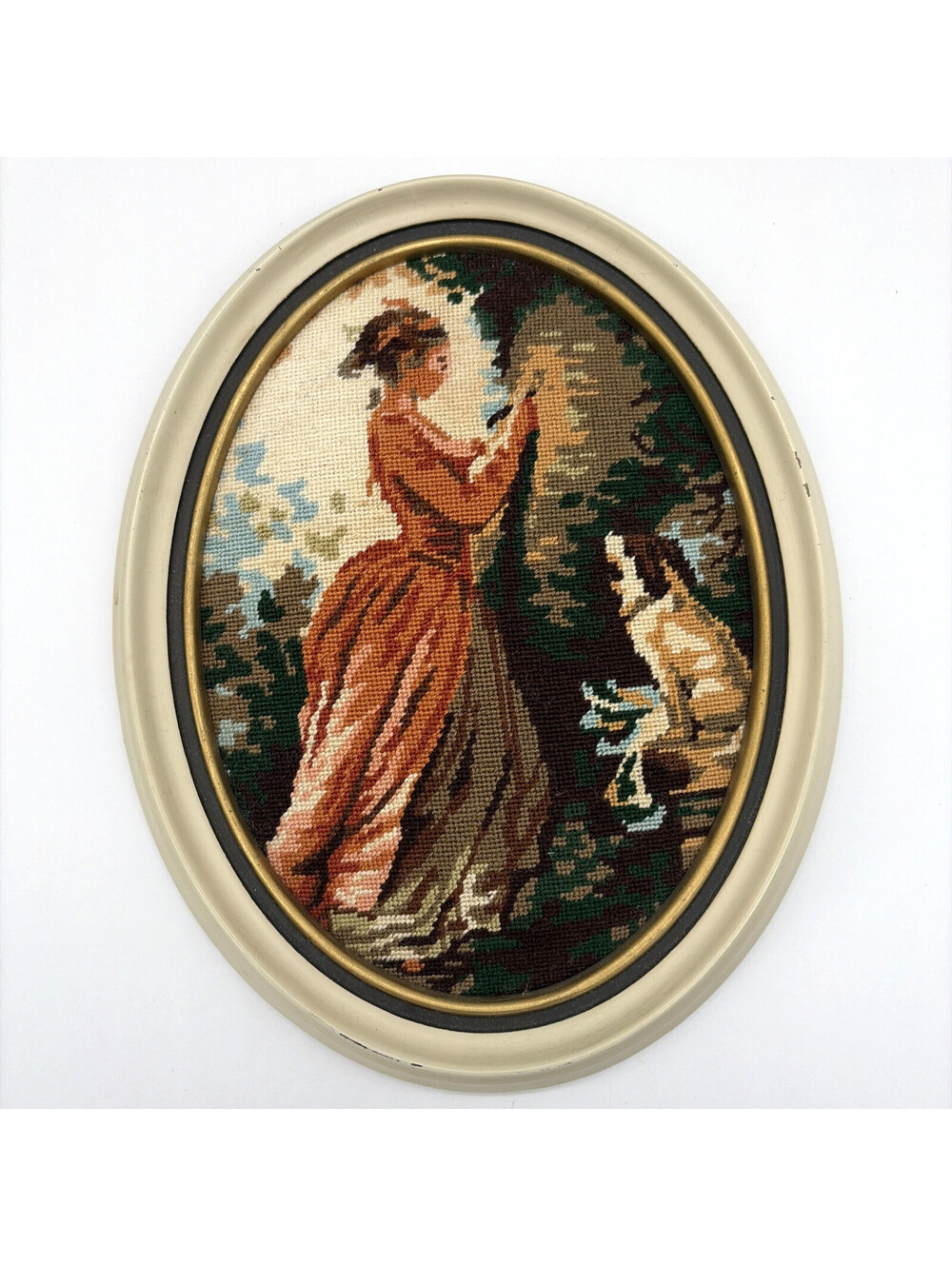 Vtg Framed Needlepoint The Souvenir Fragonard Oval Wall Art Decor Woman with Dog